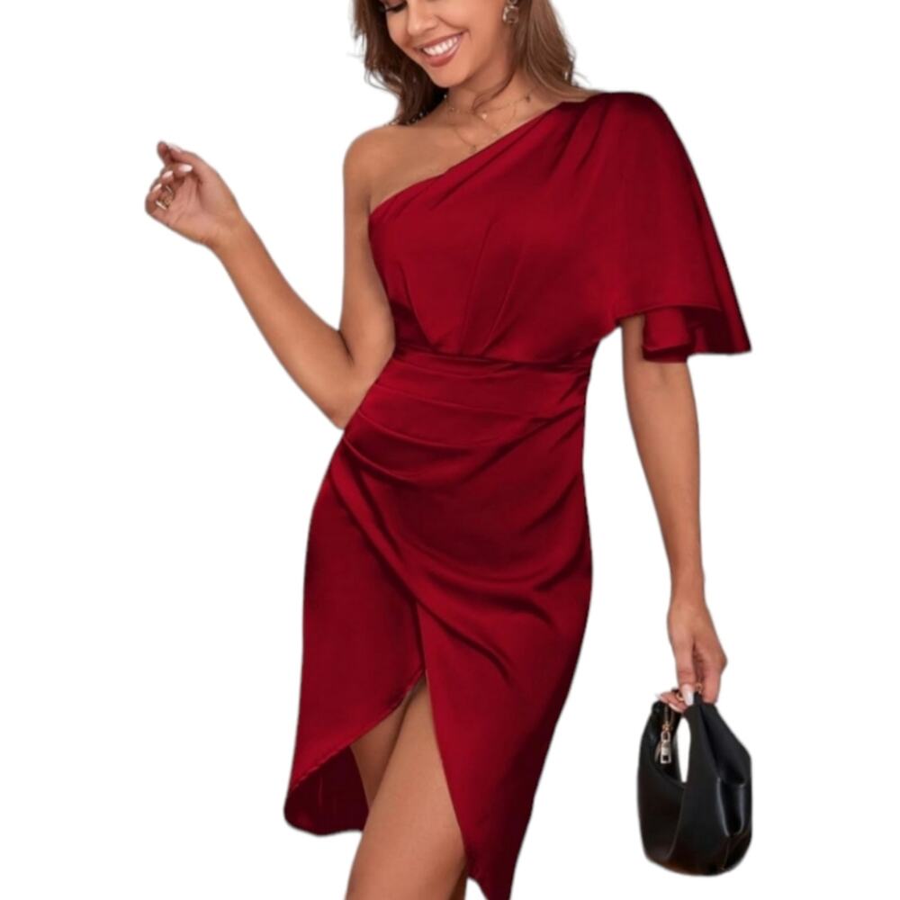 Lyaner Dress Women's Small One Shoulder Satin Faux Wrap Mini Party